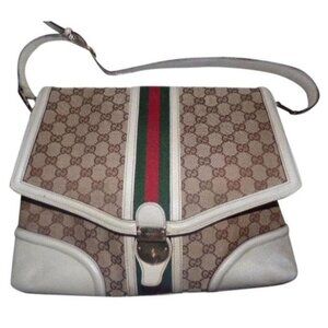 Gucci Vintage Envelope Style Purse White and Brown Leather Red Green Stripe